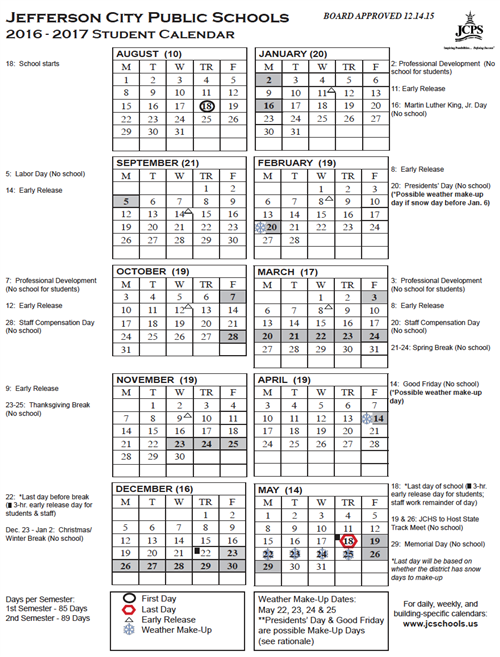 Yearly District Calendar (Printable) / 201617 Student Calendar